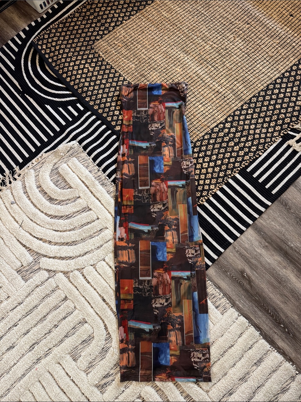 superdown Strapless Abstract Print Maxi Dress in Brown and Blue